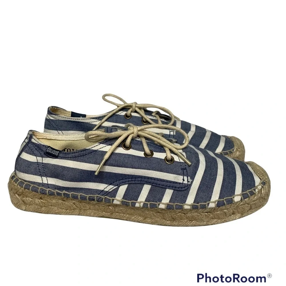 Soludos Derby Blue White Stripe Lace Up Espadrilles